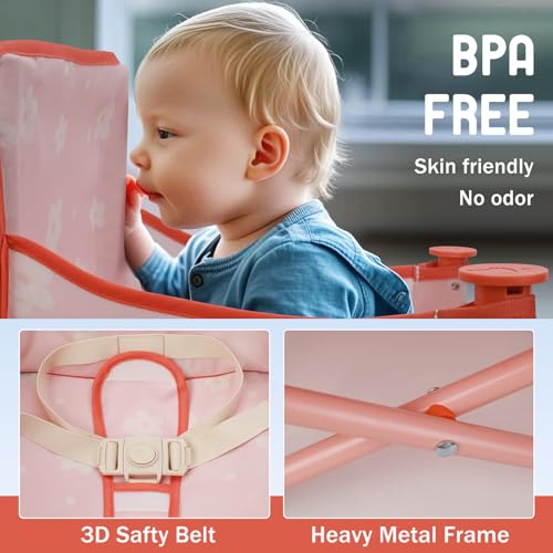 Tiny Marvels 3-in-1 Portable Baby Chair, Foldable Booster Seat with Removable Tray, Safety Harness & Carry Bag for Dining, Travel, Camping, Beach, 6M-3Y (Blush Petals) - color: Blush Petals