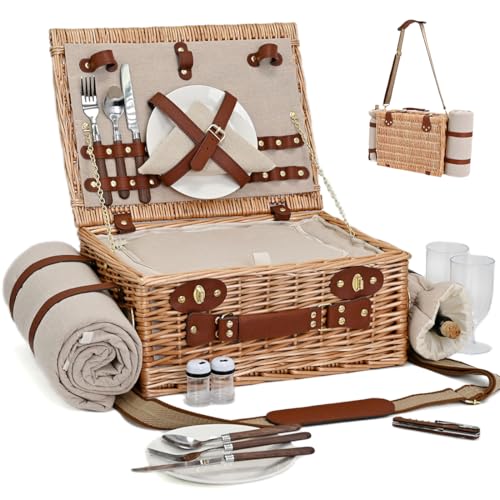 Picnic Basket with Blanket and Wine Pouch for 2, Wicker Picnic Set with Insulated Liner Cooler Bag Hamper for Camping,Wedding - Natural - color: Natural With Blanket for 2