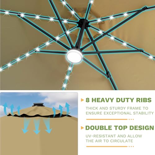 Patiowell 10 FT Patio Umbrella with Solar LED Light, Outdoor Cantilever Umbrella with 360 Degree Rotation, Outside Large Round Sun Umbrella with Frame for Backyard Garden Poolside, Brown - color: Brown with Light, size: 10 FT