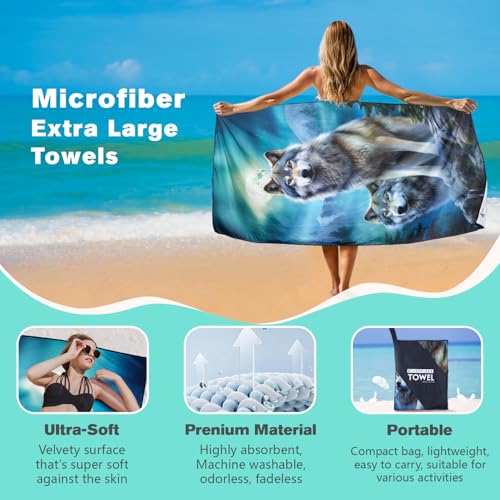 Moon Wolf Beach Towel Oversized 36" x 72", Thin Lightweight Sand Free Quick Dry Microfiber Towel for Swimming Pool Cruise Camping Travel - color: Color_8