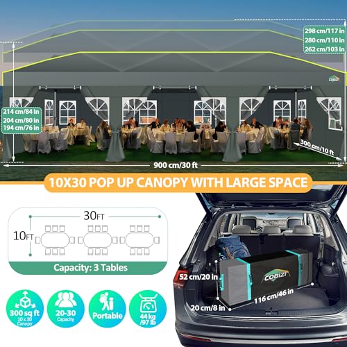 COBIZI 10x30 Pop Up Canopy Tent with Sidewalls One Push Outdoor Wedding Event Tent UPF 50+ Waterproof Gazebo with Air Vent, Tents for Party, Wheeled Bag, Sandbag, Stake, Rope, Grey - color: Grey(1-year warranty), size: 10x30