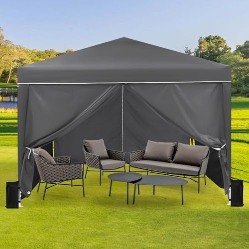 10x10 Pop Up Canopy with 4 Sidewalls, Outdoor Portable Instant Canopy Tent, Waterproof Pop Up Tent, Versatile Gazebo for Camping, Outdoor Parties, Backyard,Beach Activities,Grey - color: Gray