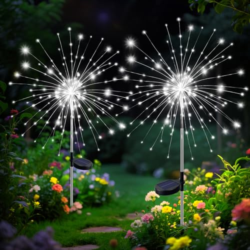 btfarm 2 Pack 120 LED Solar Garden Lights Outdoor, 8 Modes Firework Lights Solar Powered, Waterproof Twinkle Fairy Light Outside for Yard Patio Pathway Pool Christmas Party Decorative, Cool White - color: Cool White, size: 2 Pack