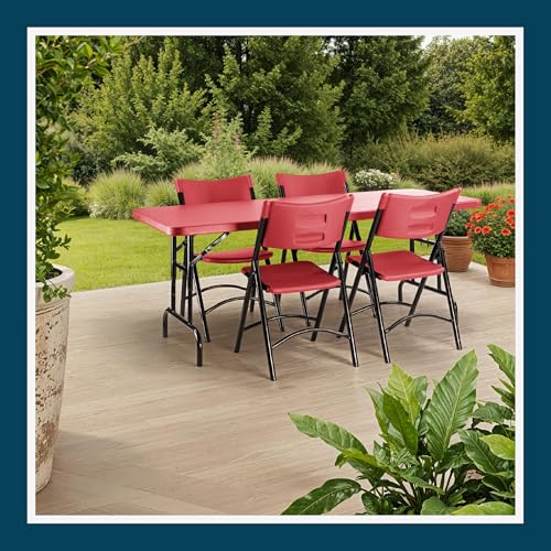 OEF Furnishings OEFBTA-3072-40 Adjustable-Height Commercial-Grade Premium Industrial Folding Table, 6-Foot Pedestal-Leg Design with 17-Gauge Steel Frame and Thick Double-Wall Top (72" × 30", Red Top) - color: Red