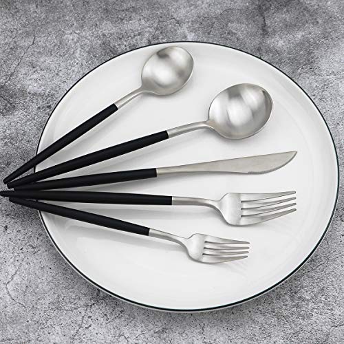 20-Piece 18/10 Stainless Steel Flatware Silverware, Luxury Dinnerware Set Travel Cutlery Tableware Include Knife Fork Spoon Service for 4, Dishwasher Safe (Black Handle Matte Silver) - color: Black Handle Silver, size: Service for 4
