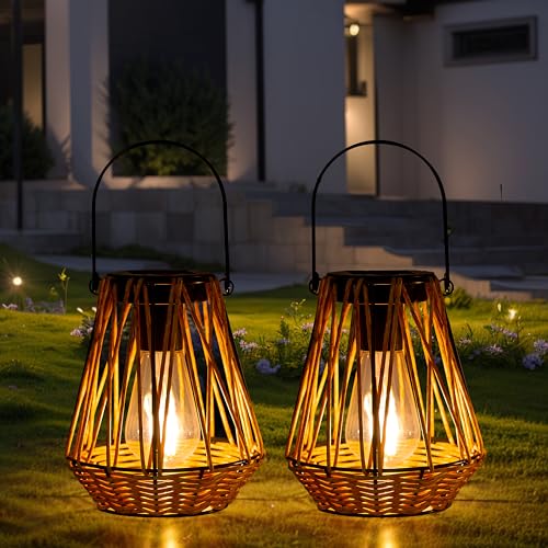 Solar Lanterns,2 Pack Hanging Solar Lantern Outdoor Lanterns for Patio Waterproof,Rattan Lantern with Handle,Decorative Retro Rattan Lights for Yard - style: Ranttan-2
