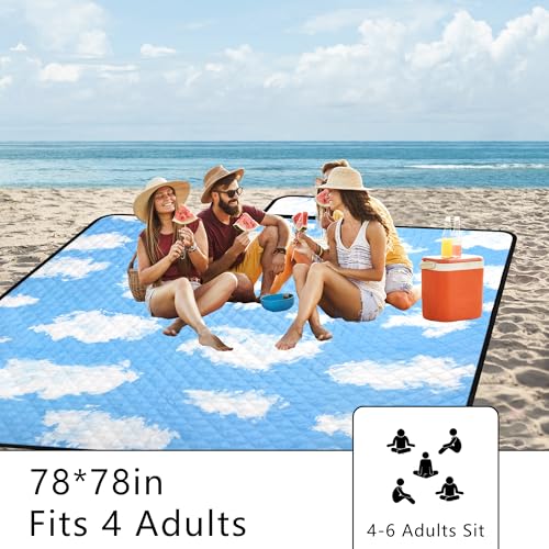 Picnic Blankets, 79''x79'' Extra Large Beach Blanket Waterproof Sandproof, Foldable & Portable Outdoor Mat 3-Layer Beach Blanket for Family Camping, Park, Travel, Backyard, Grass Lawn-Clouds