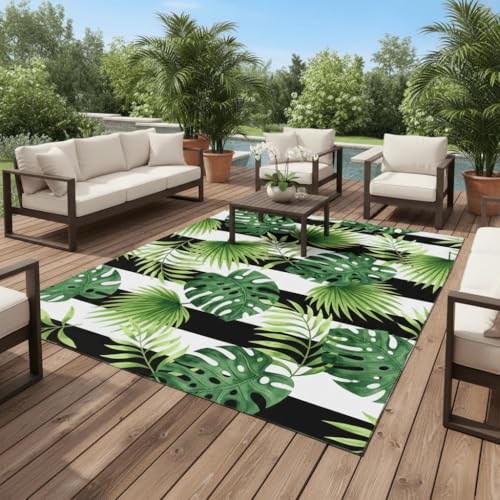 Outdoor Rug Waterproof 2x3 Tropical Plant Monstera Striped Outside Area Rugs for Patio Deck Porch Balcony Garden Black White Green Coastal Boho Reversible Poolside Backyard RV Outdoor Carpet - color: A, size: 2x3