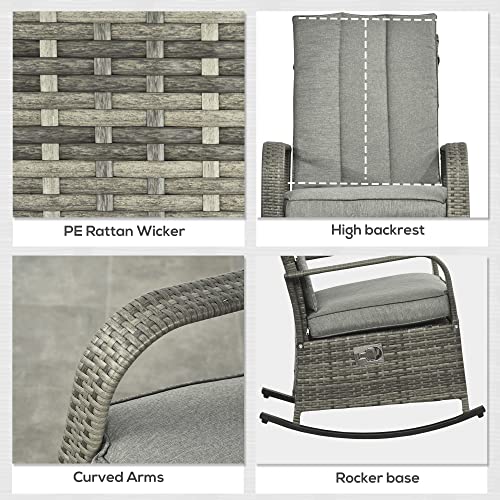 Outsunny Wicker Outdoor Rocking Chair, Patio Recliner with Adjustment Backrest, PE Rattan Lounge Chair with Adjustable Footrest and Cushions for Garden, Backyard, Porch, Gray - color: Grey