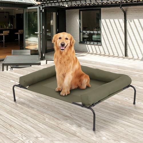MoNiBloom Outdoor Elevated Dog Bed w/Removable Bolster, Portable Raised Outdoor Dog Bed with Stable Anti-Slip Feet & Breathable Mesh, 48 Inches Length, Dark Green - color: Dark Green, size: 48"L