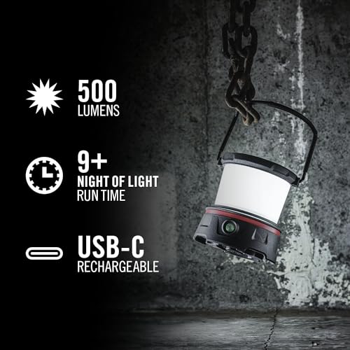 COAST EAL10R 500 Lumen Rechargeable Emergency Camping Lantern with Red Flashing Mode, Carabiner, Diffuser, Foldeable Handle, Moonglow™ Low Mode, 72 Hours of Runtime