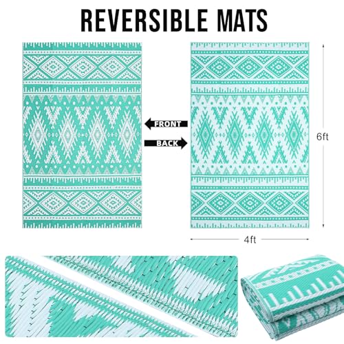 OLANLY Outdoor Rug Waterproof 4x6 ft, Reversible Outdoor Plastic Straw Rug, Boho Patio Rug, Indoor Outdoor Carpet, RV Mat Outside for Patio, Camp, Picnic, Balcony, Deck, Backyard, Turquoise & White - color: Turquoise & White, size: 4' X 6' (Rectangular)