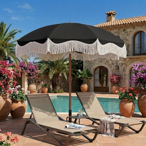 7ft Patio Umbrella with Fringe, Boho Beach Umbrellas, Outdoor Tassels Umbrellas with Push Button Tilt & Carrying Bag, 8 Windproof Fiberglass Ribs, UPF50+ - color: Black