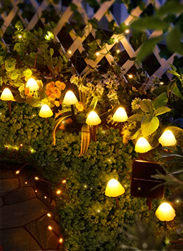 Solar Mushroom Garden Lights for Outside, 20 LED 32.8FT Solar Pathway Lights Outdoor Waterproof for Fence with 8 Lighting Modes for Patio Yard Decorative - style: Mushroom