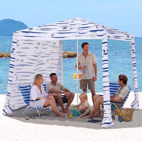 Qipi Beach Cabanas for Sand, Beach Canopy with Sandbags & Side Wall for Family, Easy Set Up Sun Shelter, UPF 50+ UV Protection with Roof Vent - color: 8' x 8' Navy Sailor Dual-Fold