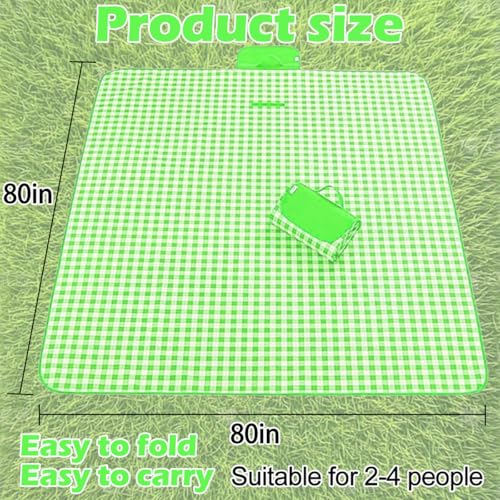 Extra Large Picnic Outdoor Blanket, 80''x80'' Waterproof Sand Beach Mat, Foldable Blankets Gingham Picnic Mat for Beach Camping Grass Lawn Park Hiking Travel Accessories Family Concerts(Green White) - color: Green, size: 80''x80''