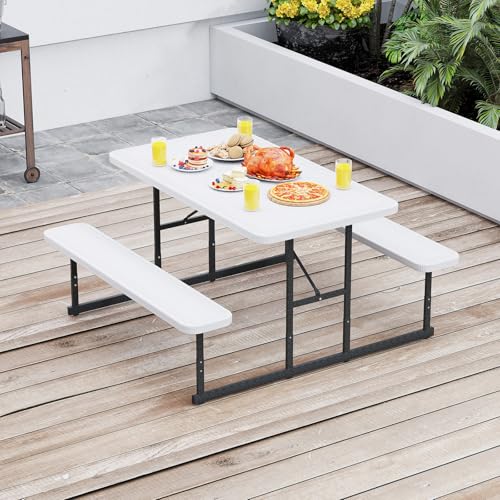 LDAILY Picnic Tables with Benches, Rectangular Dining Table Set for Outside 4 People, HDPE Tabletop, Metal Frame, Umbrella Hole, Heavy Duty Picnic Table for Outdoors, Patio, Lawn, Commercial (White) - color: White