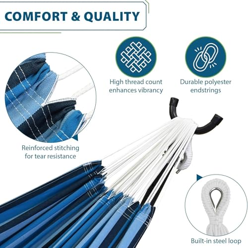 Vivere Double Cotton Hammock with Space Saving Steel Stand, Upgraded Polyester End Strings 450 lb Capacity - Premium Carry Bag Included - USA Grown Cotton (Blue Lagoon) - color: Blue Lagoon