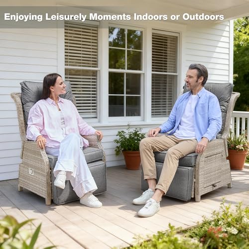 Outdoor Recliner with Adjustable Back and Footrest, Patio Recliner with Flip Table Wicker Reclining Lounge Chair, Grey with Beige Wicker - color: Grey With Beige Wicker, size: 1PCS