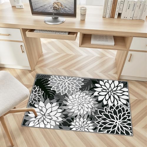 Arenarug 2x3 Washable Small Rug Tropical Botanical Modern Floral Indoor Chenille Door Mat Carpet Non Slip for Patio, Entry Way, Entrance, Porch, Black - color: Black White, size: 2' x 3' (Rectangular)