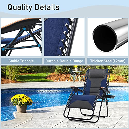 PHI VILLA XXL Oversized Padded Zero Gravity Chair Set of 2, Foldable Patio Recliner, 30" Wide Seat Anti Gravity Lounger with Armrest and Cup Holder, Support 400 LBS (Thumb Blue) - color: Blue, style: 2 Pcs