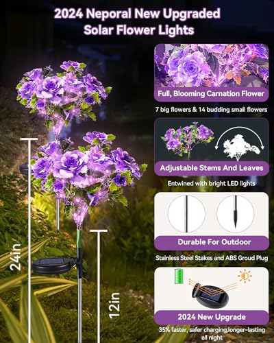 Neporal Solar Garden Lights, 4PK Dusk to Dawn Purple Carnation Solar Flowers Outdoor Waterproof for Garden Decor - size: 4PK Purple