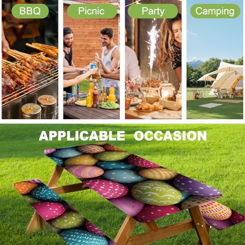 ANNA QUEEN Easter Holiday 6FT Picnic Table Cover with Bench Covers Set of 3 with Drawstring Bag, Colorful Easter Eggs 72"x30" Waterproof Fitted Picnic Tablecloth & Bench Covers for Outdoor Dining - color: #58