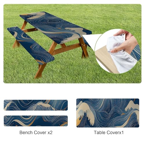 ANNA QUEEN Modern Abstract Art 6FT Picnic Table Cover with Bench Covers Set of 3 with Drawstring Bag, Blue Gold Lines 72"x30" Waterproof Picnic Tablecloth & Bench Covers for Patio Garden - color: #54