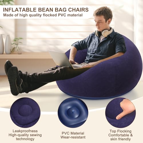 Lunmon 2 Pcs Small Bean Bag Chair Inflatable Chair Blow up Games Sofa Foldable Flocking Inflatable Lazy Sofa Portable Blow up Lounger for Living Room Bedroom (Brown,Blue) - color: Brown,blue
