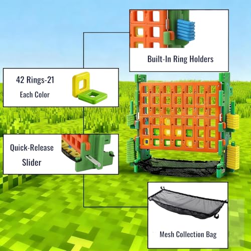 SDADI Screwless Giant 4-in-a-Row Game Set with Block-Style Assembly, Adjustable Height 4-to-Score Connect Game, Portable Family Yard Game for Indoor & Outdoor Play - color: Green Orange