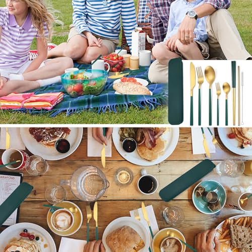 AARAINBOW 6 Pieces Stainless Steel Flatware Set Portable Reusable Cutlery Set Travel Utensils Set Including Chopsticks Knife Fork Spoon Straws Cleaning Brush Dishwasher Safe (B-Green golden) - color: B-Green golden