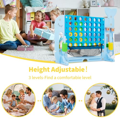Jumbo 4-to-Score Connect Outdoor Game, 4-Levels Height Adjustable Giant 4-in-a-Row Yard Games with Mesh Net, 4-in-1 Play Design w/Golf, Basketball & Ring Toss for Kids & Adults, Patent Authorized
