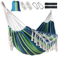 Posprica Brazilian Style Double Hammock with Fringe, 2 Person Patio Hammock for Backyard & Indoor Relaxation, Soft Breathable Fabric, Easy Setup with Straps & Carry Bag, 360 lbs Capacity - color: Blue Stripe