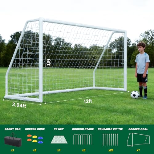 NAIZEA Soccer Goals - 24x8/21x7/18x7/12x6/16x7/10x6/8x6/6x4FT Soccer Goals for Backyard - Metal Soccer Goal for Youth Adult - Multiple Sizes Colors- Perfect for Games Indoor Outdoor - size: 12ft x 6ft, style: Trainer-White/PVC