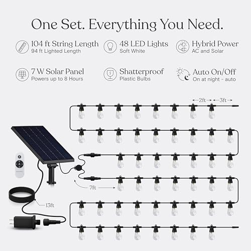 Brightech Ambience Hybrid Outdoor String Lights - Dual Plug and Solar Powered Waterproof LED Light String for Outside - Dimmable Color Changing Edison Bulbs for Camping, Patio, Cafe, Yard - 104ft, 7W - style: Hybrid Super Bright - 104 Feet
