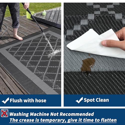 10x20 Outdoor Waterproof Rug Plastic Straw Reversible Rugs with Stakes & Carry Bag, UV-Resistant Modern Outdoor Carpet Foldable Camping Mat for Patio RV Backyard Picnic Black Grey - color: Geometric1 - Black&grey, size: 10' x 20' (Rectangular)