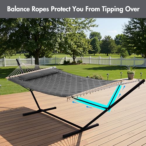 ANOW Double Hammock with 12FT Heavy Duty Steel Stand Included, 2 Person Hammock with Stand for Outdoors, 450 LBS Weight Capacity, Gray - color: Grey, size: 2 Person With Stand