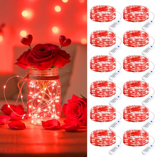 Minetom 12 Pack Red Christmas Lights, 7ft 20 LED Fairy Lights Battery Operated String Lights, Valentines Day Decorations, 8 Modes Waterproof Silver Wire Twinkle Lights, Valentine's Day Lights - color: Red, size: 12 Pack