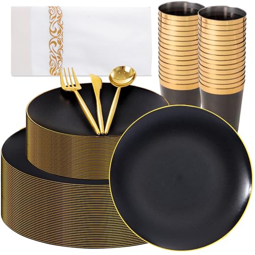 EI 350Pcs Black and Gold Matte Frosted Plastic Plates Disposable Heavy Duty,Dinnerware Set for Party Include 100 Disposable Plates,150 Silverware,50 Napkins,50 Cups for Party/Wedding/Events,Hotel - color: Black and Gold Plastic Plates Dinnerware