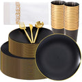 EI 350Pcs Black and Gold Matte Frosted Plastic Plates Disposable Heavy Duty,Dinnerware Set for Party Include 100 Disposable Plates,150 Silverware,50 Napkins,50 Cups for Party/Wedding/Events,Hotel - color: Black and Gold Plastic Plates Dinnerware