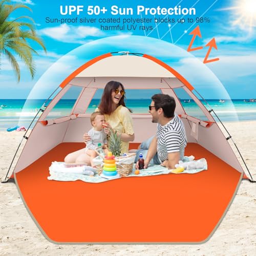 Gorich Beach Tent Sun Shelter for 3/4/6/8/10 Person with UPF 50＋ UV Protection, Lightweight & Easy Setup Beach Shade Canopy, Portable Beach Shade Tent Beach Cabana - color: Orange- Beige, size: 3 Person