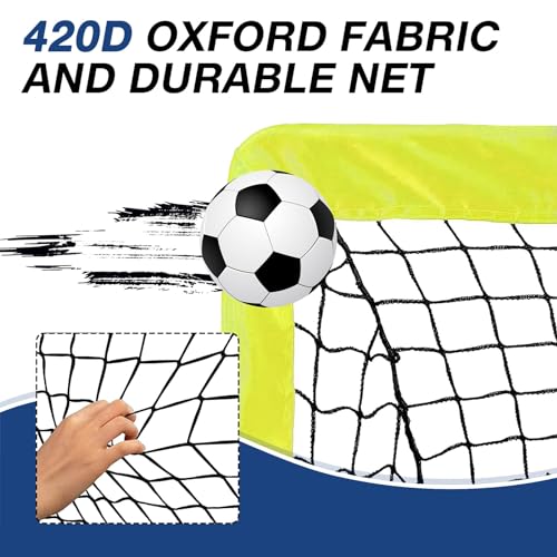 2 Pack 4' x 3' Soccer Goal Net Set, Pop Up Kids Practice Soccer Goals for Indoor and Outdoor.Portable Soccer Net with Carrying Bag & Ground Pegs, Perfect for Backyard, Field, Court - color: Yellow