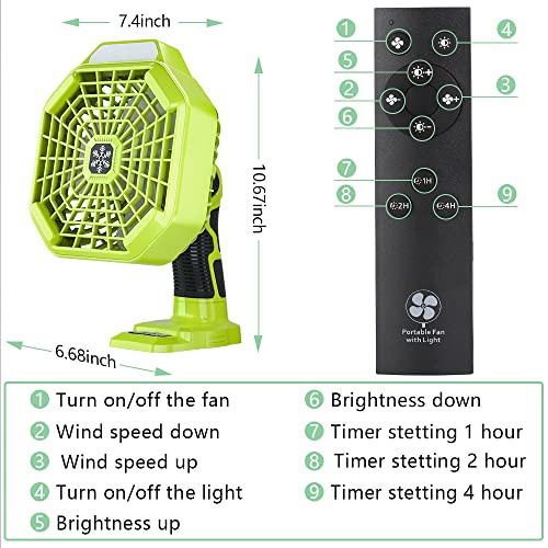 Battery Operated 18V Fan Compatible with Ryobi 18V Li-ion Ni-CD Ni-MH Battery, Portable Cordless Fan with 180LM LED Lantern, Remote, Timer 1800CFM 3-Speed Outdoor Floor Fan - style: Style 2