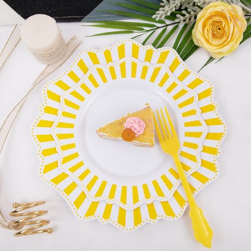 COLOSUS 150pcs Disposable White Lemon Yellow Striped Plastic Party Plates and Silverware set, Yellow Dinner/Dessert Plates silverware 30guests for Easter Birthday Weeding Party and Daily use. - color: white+yellow