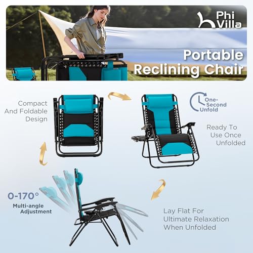 PHI VILLA Zero Gravity Chair Set of 2, Padded Anti Gravity Recliner, Oversized 28" Wide Seat, Foldable Patio Lounger with Armrest & Cup Holder, Supports 400 LBS (Aqua) - color: Aqua