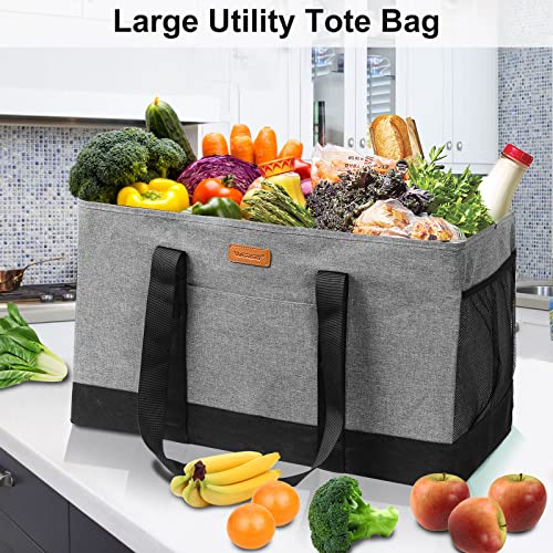 WONDAY Extra Large Foldable Grocery Tote Bag With Handles for Storage, Picnics, Beach, Pool, Laundry - Reusable Shopping Bag (Grey) | 22" XL Capacity, Foldable Design, 50 lbs Weight Cap, Waterproof, With Pockets, Wipe Clean - color: Grey