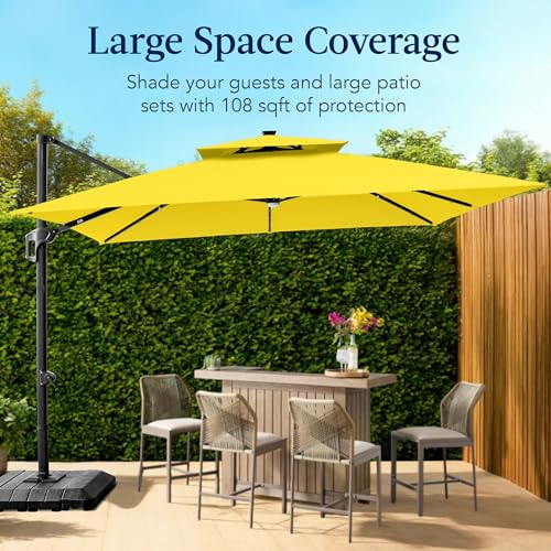 Best Choice Products 9x12ft LED Cantilever Patio Umbrella w/Base Included & 360° Rotation, Large Solar Offset Hanging Outdoor Sun Shade for Deck, Backyard Table w/Stand & Lights – Yellow - color: Yellow, size: 9x12ft