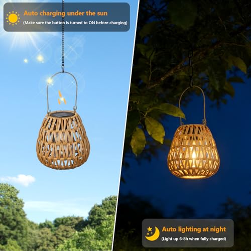 2 Pack Solar Lights Outdoor Waterproof, Rattan Solar Lantern, Hanging Outdoor Solar Lights for Yard, Outdoor Solar Lanterns Decorative, Garden Lights Solar Powered for Tree, Patio, Table Lantern Decor - size: 2 Pack-Light Brown