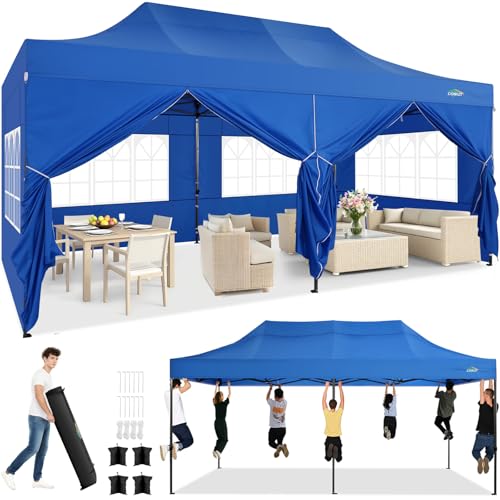 COBIZI 10x20 Heavy Duty Pop Up Canopy Tent with 6 Sidewalls Thicken Frame, Commercial Easy Up Outdoor Wedding Party Tents, All Season Waterproof Windproof with Stakes Sandbags Ropes Roller Bag, Blue - color: Blue, size: 10x20