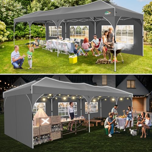COBIZI 10x30 Pop Up Canopy Tent, Outdoor Party Tent with 5 Sidewalls, 1 Person Easy Set up, Tents for Parties with Fluorescent Strip & 4 Sandbags, Waterproof UPF50+, 3 Adjustable Height, Gray - color: Gray, size: 10x30FT